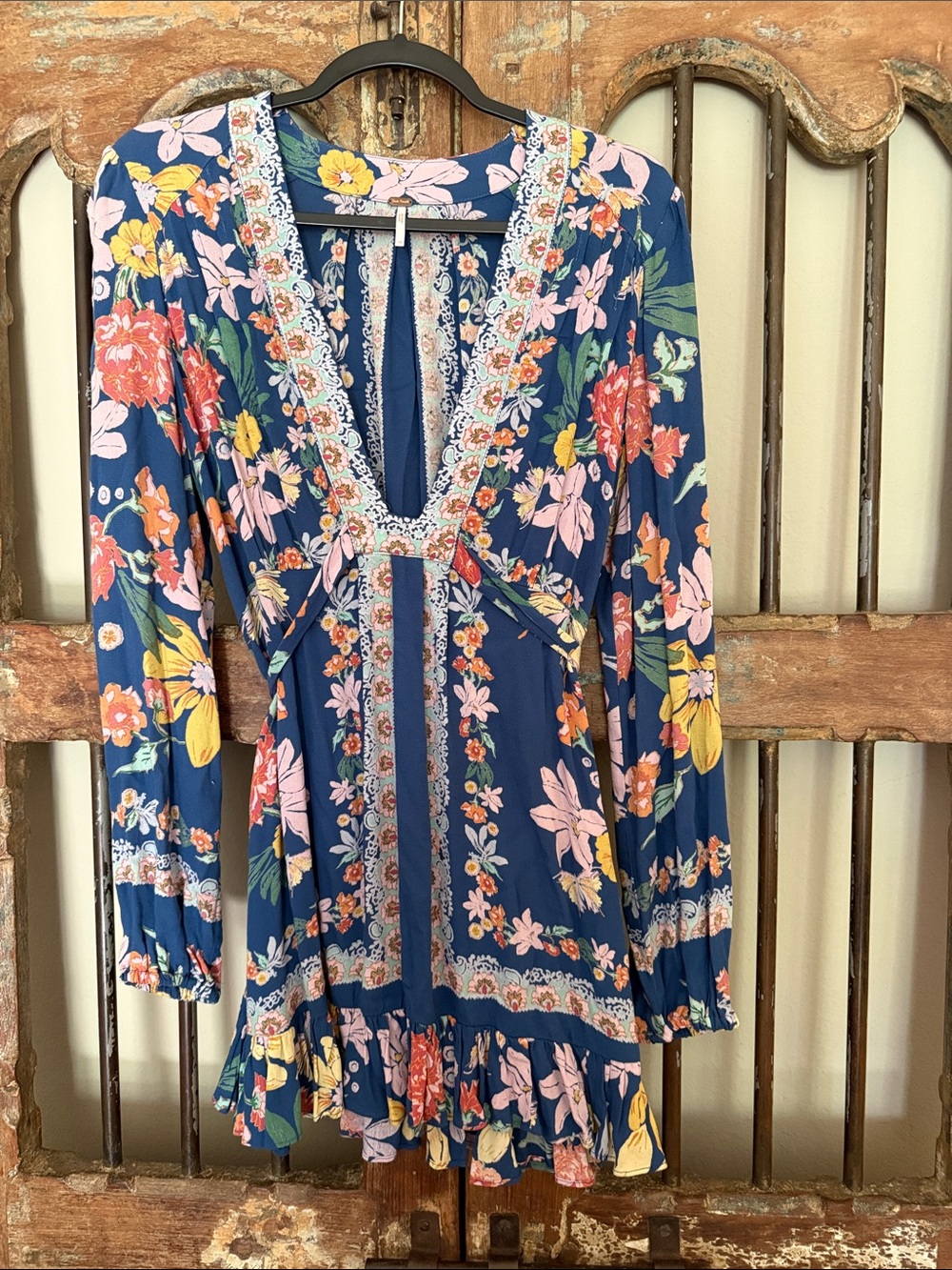 Free People Navy Blue Floral V-Neck Mini Dress